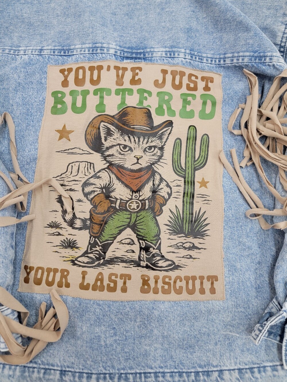 Western Denim Fringe Pullover Tunic Shirt Jacket with Western Cat - Upcycled - Picture 4 of 10